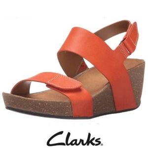 Clarks Auriel Fin Orange Leather Cork Wedge Sandal Shoes Size 9